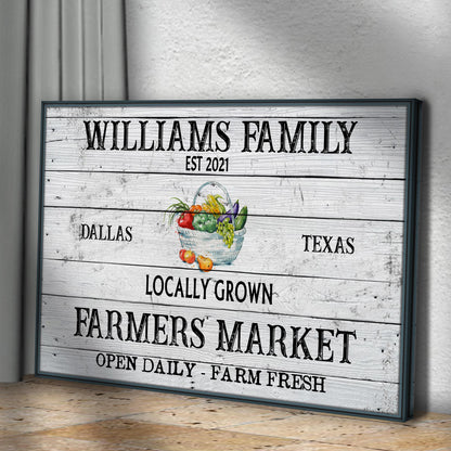 Farmers Market Sign II canvas with rustic whitewashed wood background and produce basket on Tampa Home & Garden Store