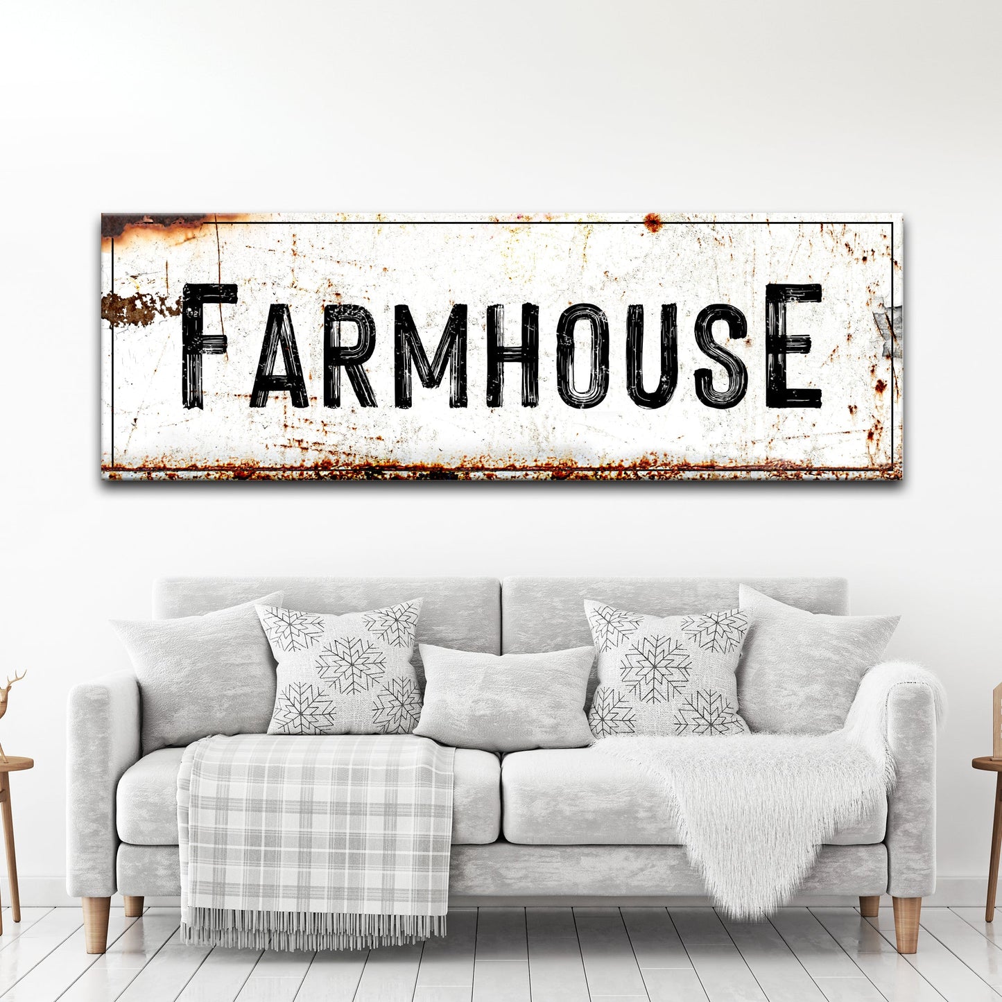 Farmhouse Sign canvas with distressed white background and bold FARMHOUSE letters on Tampa Home & Garden Store
