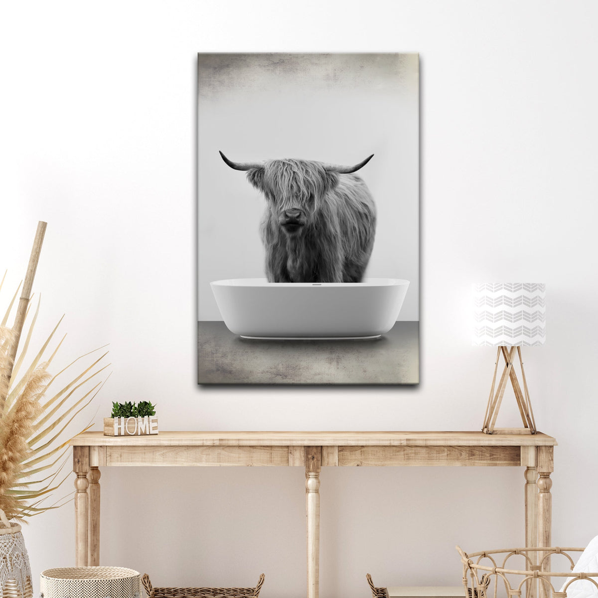 Highland Cattle Bath Canvas Wall Art IV by Tailored Canvases, black-and-white canvas on Tampa Home & Garden Store