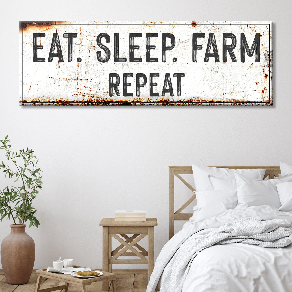 Eat Sleep Farm Repeat canvas sign by Tailored Canvases, distressed white crafting canvas on Tampa Home & Garden Store