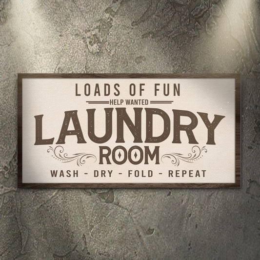 Loads Of Fun Help Wanted Laundry Room Sign framed beige canvas by Tailored Canvases on Tampa Home & Garden Store