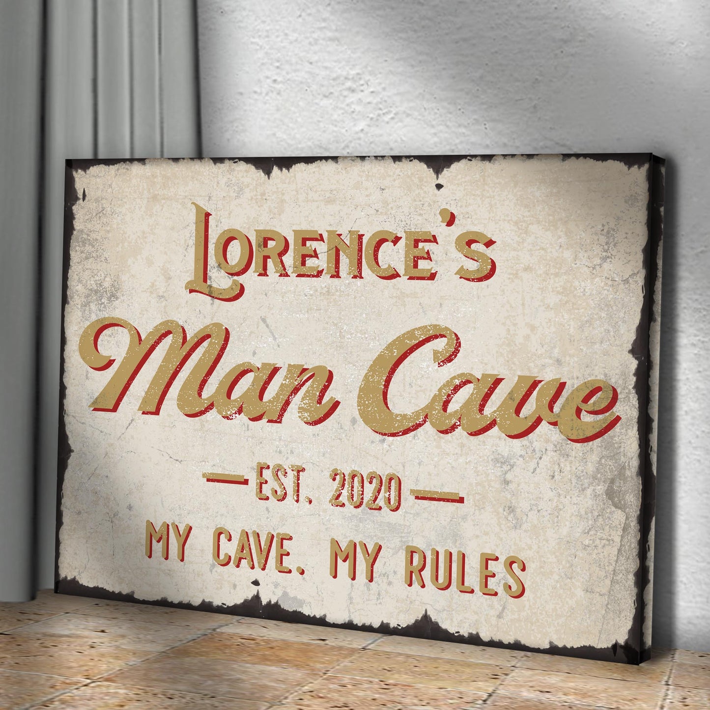 Canvas sign My Cave My Rules Man Cave by Tailored Canvases; vintage beige with red lettering on Tampa Home & Garden Store