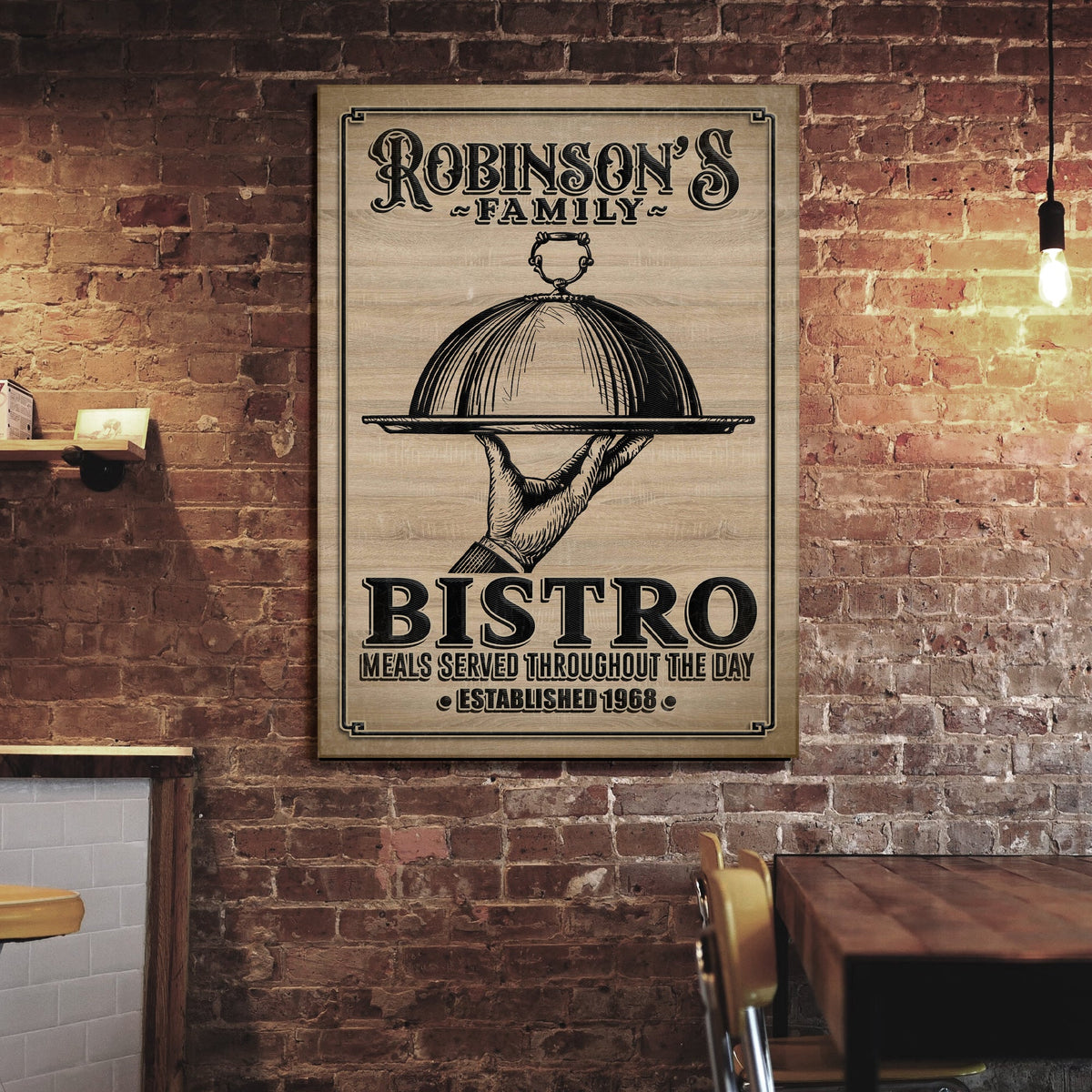 Family Bistro Sign III canvas print with vintage black typography and cloche illustration on Tampa Home & Garden Store
