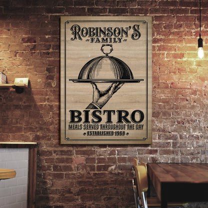 Family Bistro Sign III canvas print with vintage black typography and cloche illustration on Tampa Home & Garden Store
