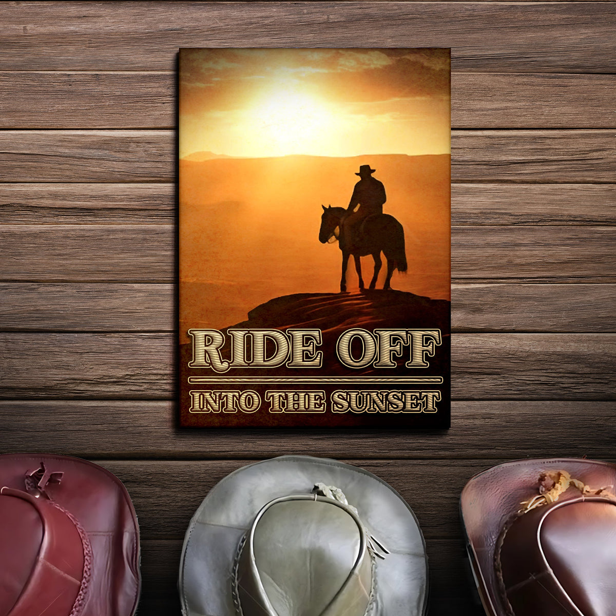 Canvas Tailored Canvases with silhouetted rider at golden sunset western sign vibe on Tampa Home & Garden Store