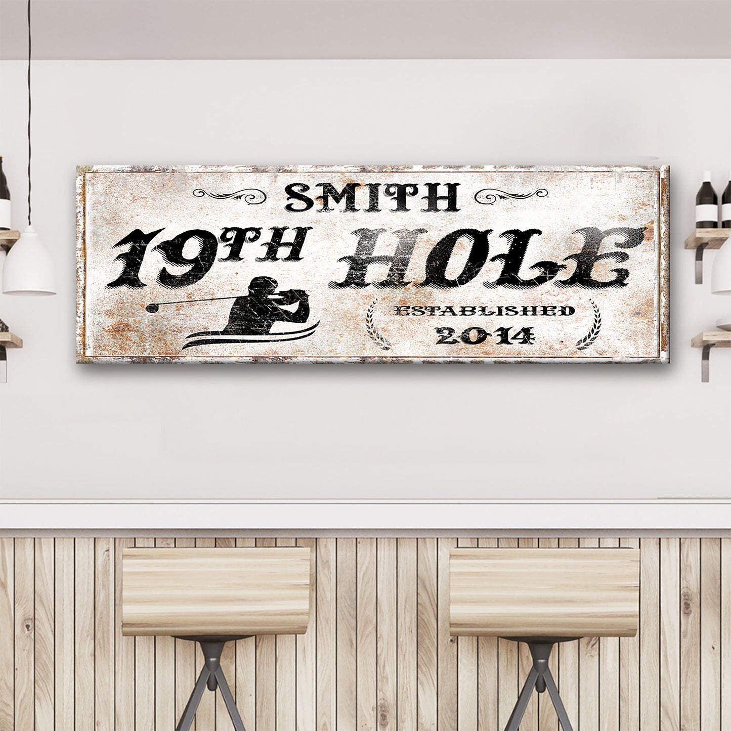 19th Hole Sign canvas crafting panel with distressed white finish and typography golf motif on Tampa Home & Garden Store