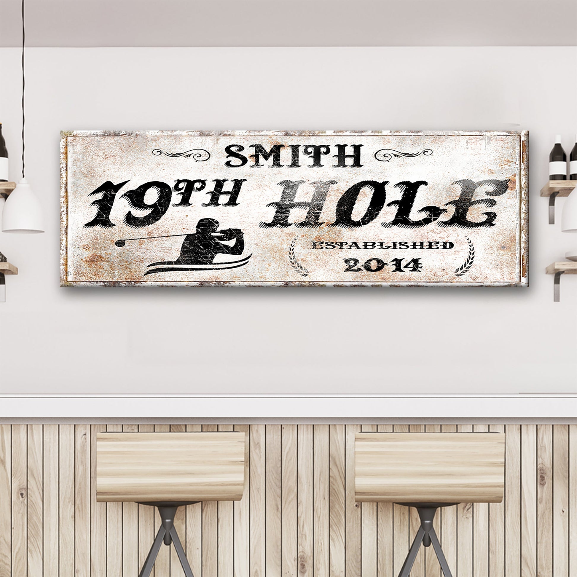 19th Hole Sign canvas crafting panel with distressed white finish and typography golf motif on Tampa Home & Garden Store