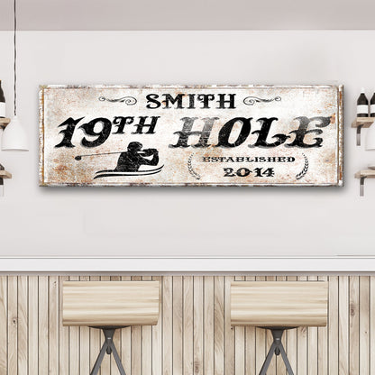 19th Hole Sign canvas crafting panel with distressed white finish and typography golf motif on Tampa Home & Garden Store