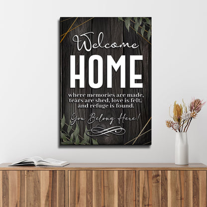 Canvas sign You Belong Here Welcome Home entryway by Tailored Canvases with dark wood grain on Tampa Home & Garden Store