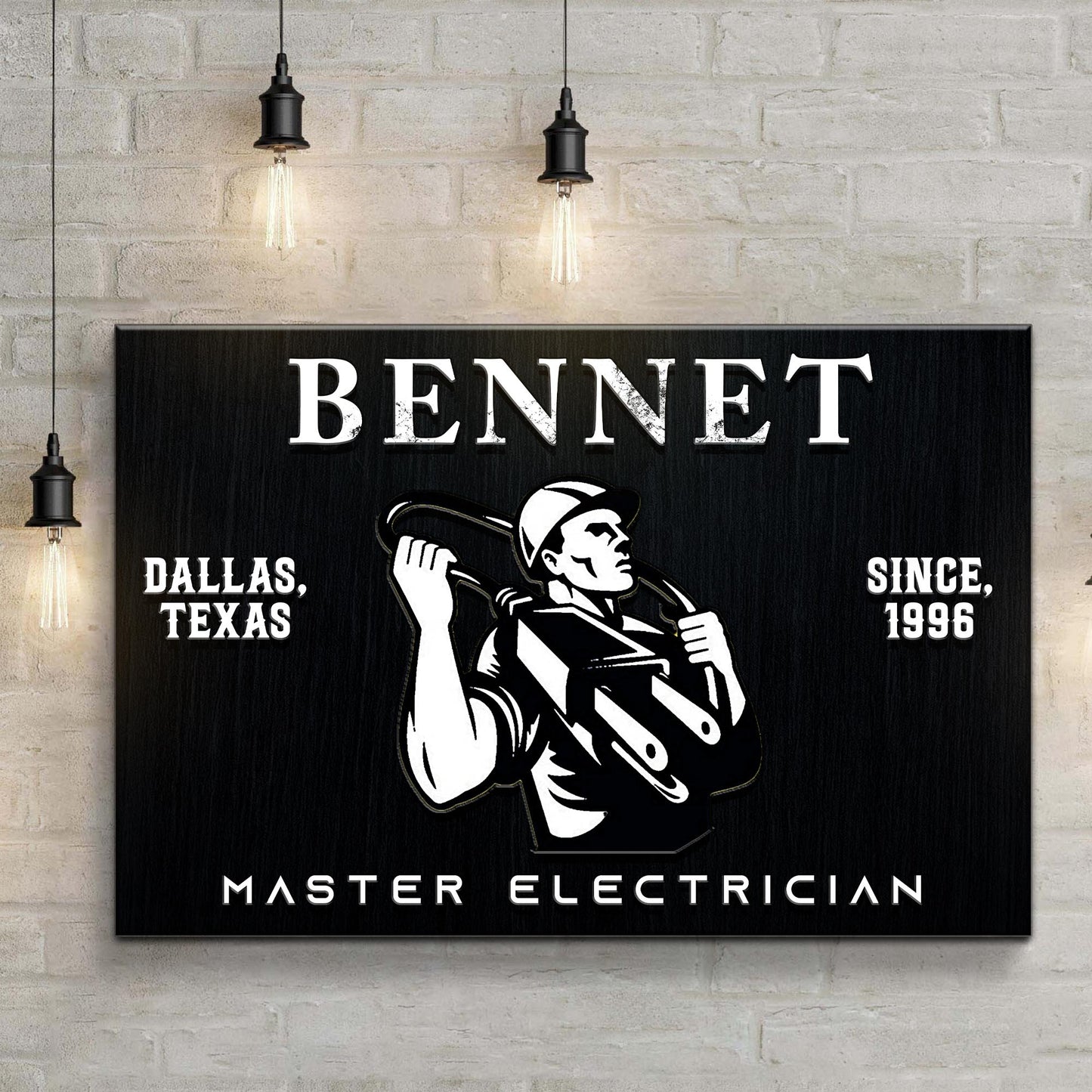 Master Electrician canvas sign with bold white typography on black background by Tailored Canvases on Tampa Home & Garden Store