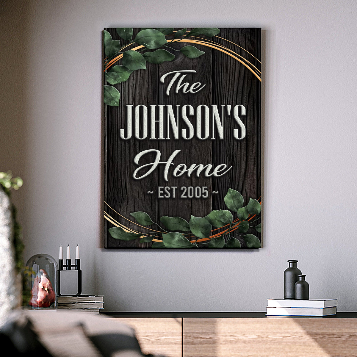 Family Home Sign II canvas with dark wood grain, green leaves, white script The Johnsons on Tampa Home & Garden Store