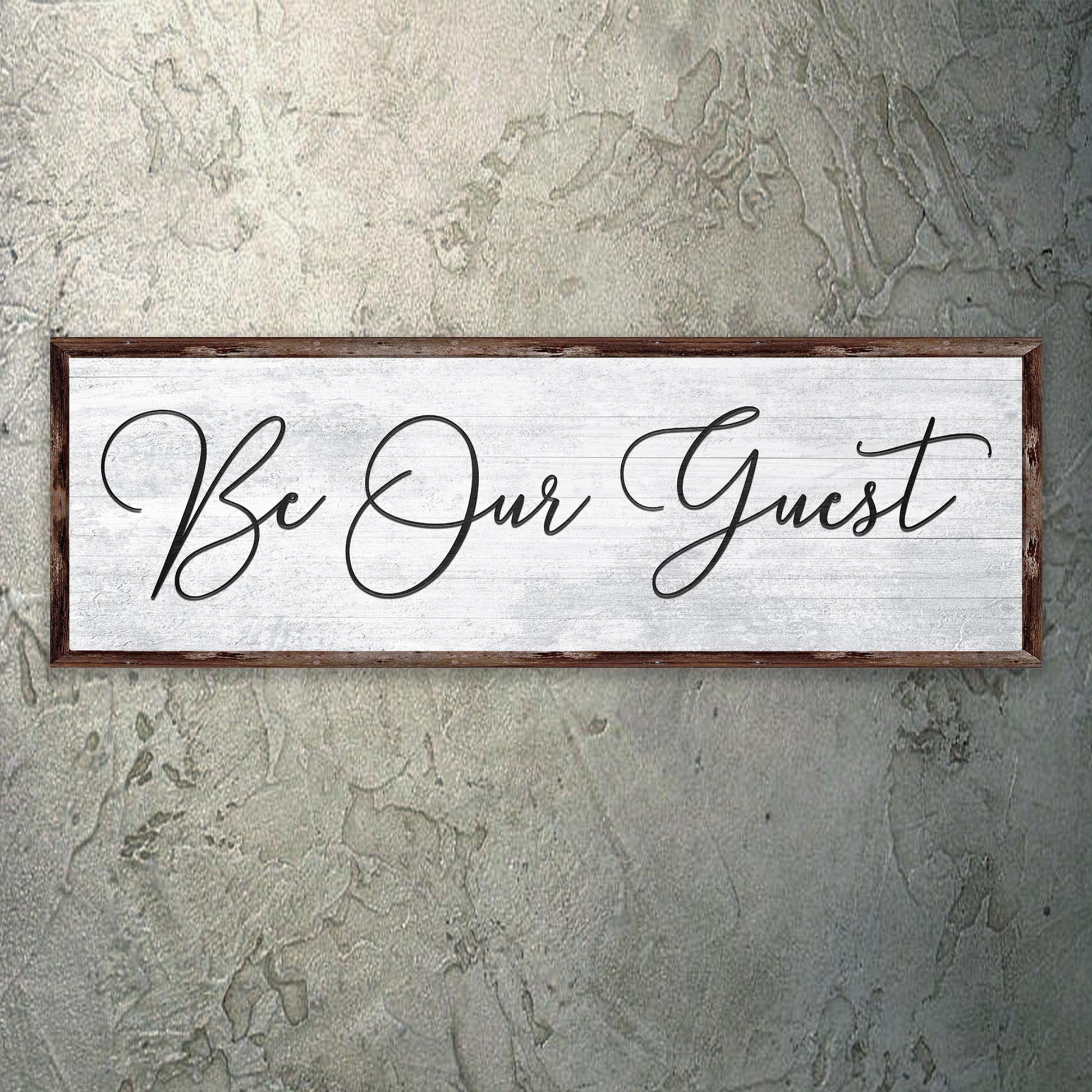 Be Our Guest Sign IV canvas with dark wood frame and black script text on Tampa Home & Garden Store