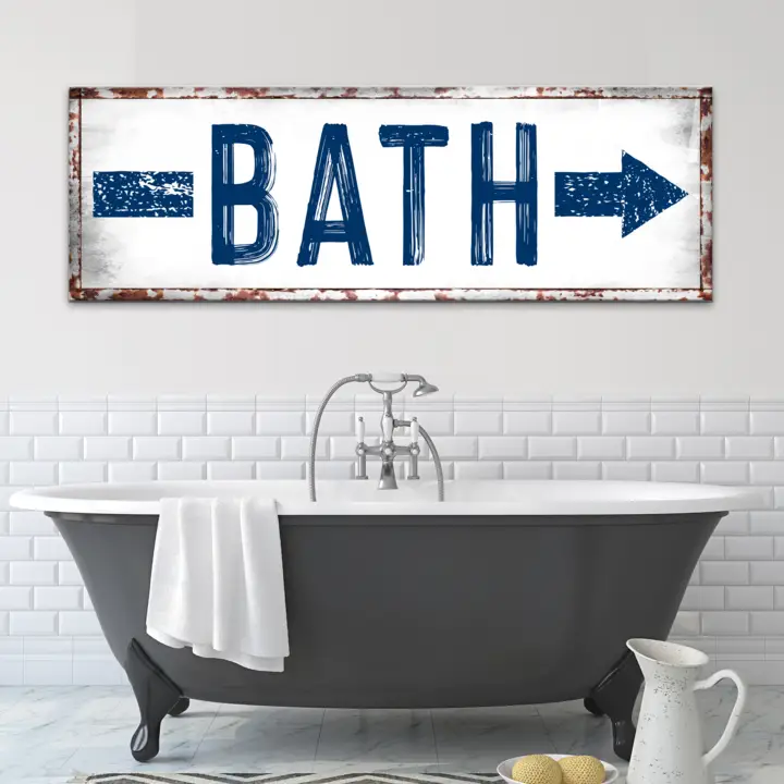 Bath Arrow Sign canvas wall art by Tailored Canvases, blue bathroom decor on Tampa Home & Garden Store