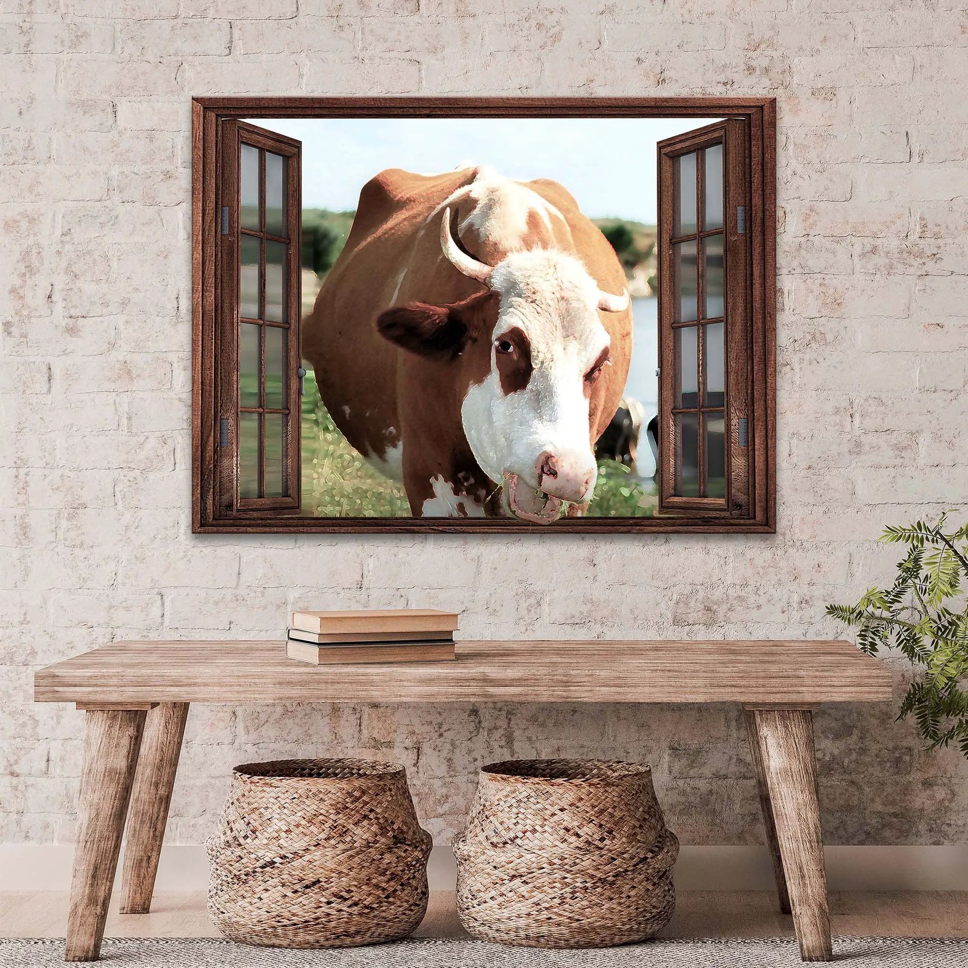 Cattle On Window Canvas Wall Art featuring a cow at a rustic wooden window frame on Tampa Home & Garden Store