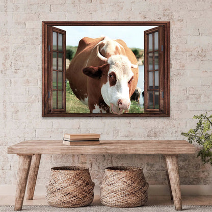 Cattle On Window Canvas Wall Art featuring a cow at a rustic wooden window frame on Tampa Home & Garden Store