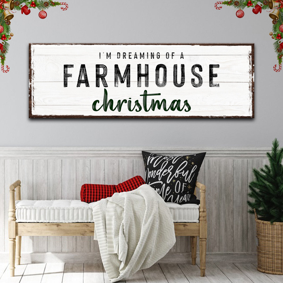 Farmhouse Christmas sign canvas with white wood and bold FARMHOUSE text and green script christmas on Tampa Home & Garden Store