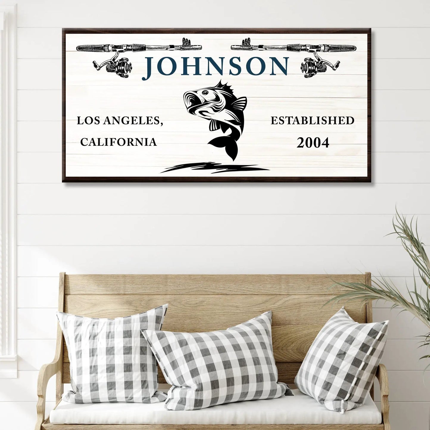 Catching Fish Sign canvas wall art with whitewashed wood and navy lettering Tailored Canvases on Tampa Home & Garden Store