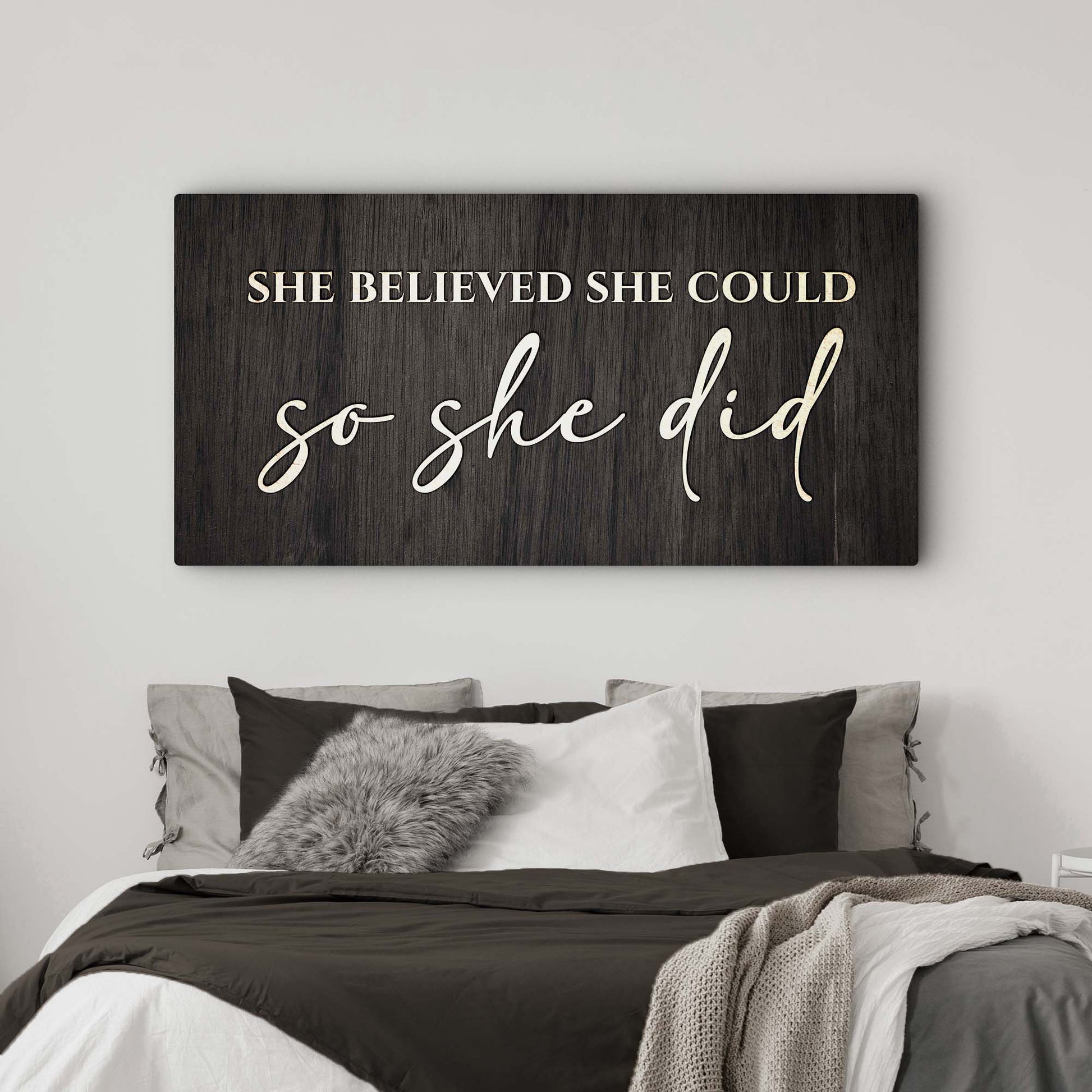 She Believed She Could So She Did Sign II crafting canvas on dark wood plaque on Tampa Home & Garden Store