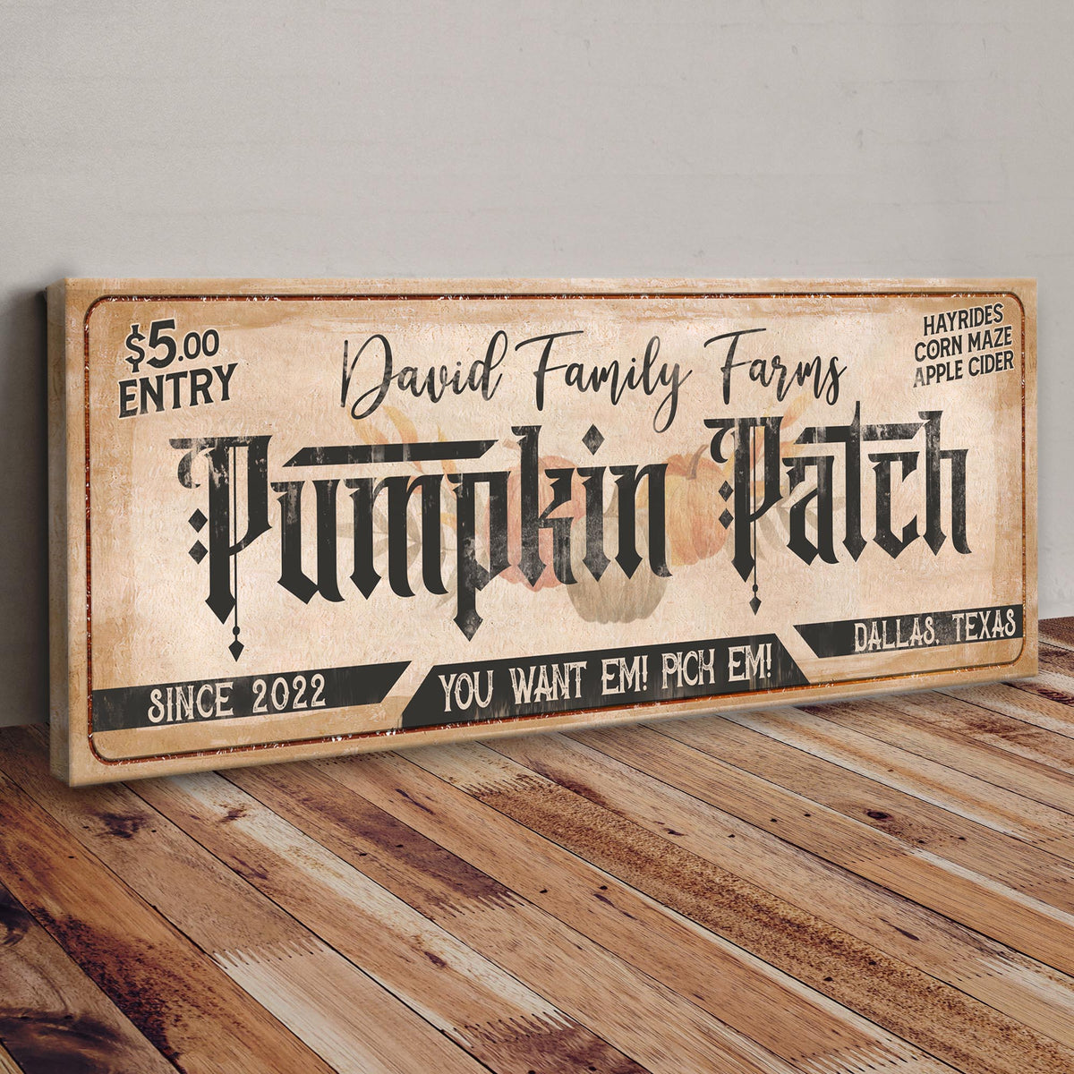 Family Farms Pumpkin Patch Sign II canvas by Tailored Canvases with vintage typography on Tampa Home & Garden Store