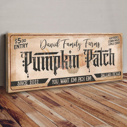 Family Farms Pumpkin Patch Sign II canvas by Tailored Canvases with vintage typography on Tampa Home & Garden Store