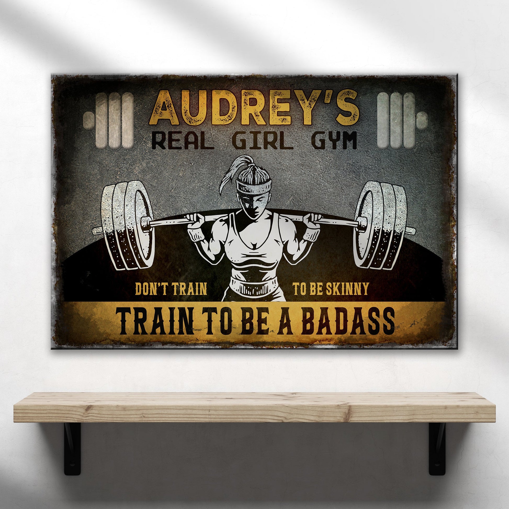 Audrey's Real Girl Gym canvas sign by Tailored Canvases; rustic weightlifting art on Tampa Home & Garden Store