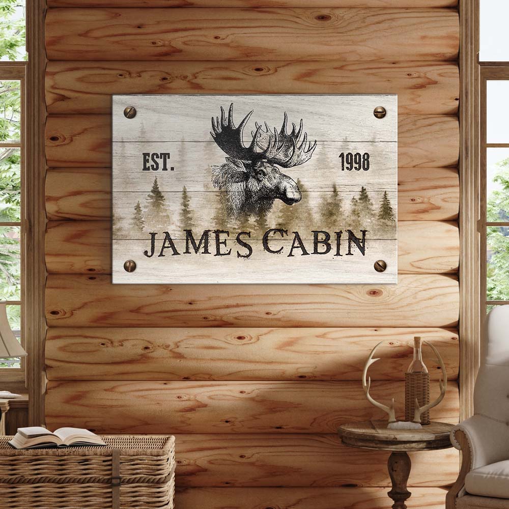 Family Moose Cabin Sign canvas wall art with rustic wood panel and moose head Tailored Canvases on Tampa Home & Garden Store