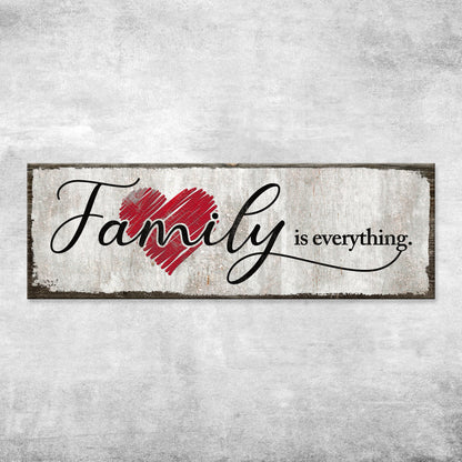 Family Is Everything Sign III canvas sign with black script and red heart on rustic wood on Tampa Home & Garden Store
