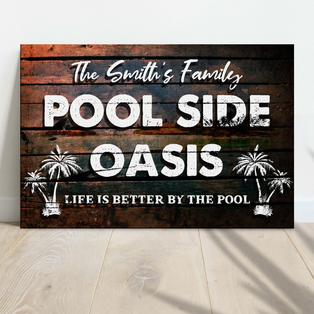 Poolside Oasis Sign canvas by Tailored Canvases with distressed wood and palm trees on Tampa Home & Garden Store