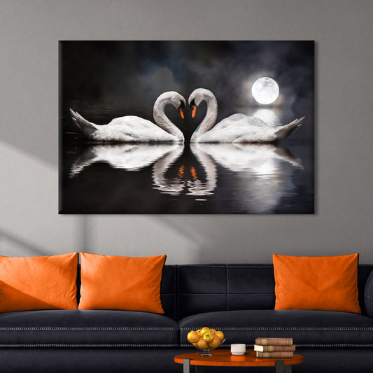 Moonlit Romantic Swan Canvas Wall Art Tailored Canvases, two swans on moonlit water on Tampa Home & Garden Store