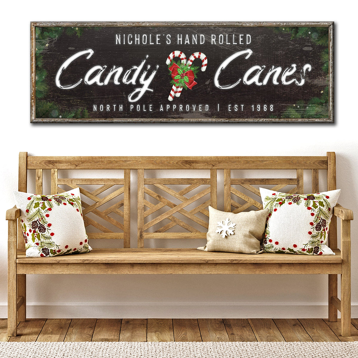 North Pole Candy Canes canvas sign with rustic wood frame on Tampa Home & Garden Store
