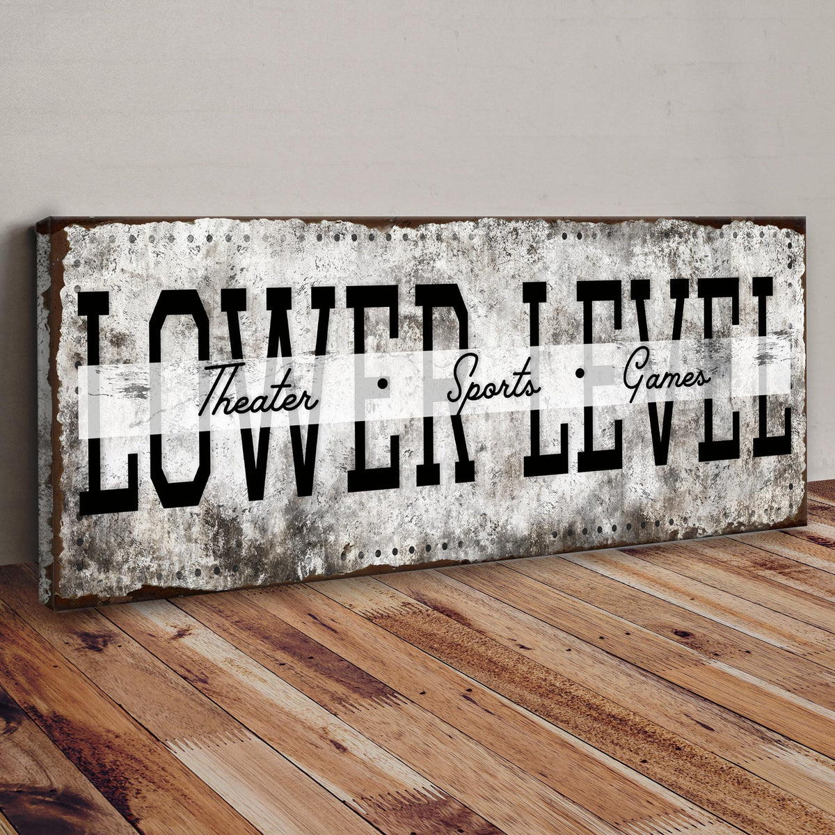 Lower Level Theater Sports Games basement bar canvas by Tailored Canvases with distressed metal on Tampa Home & Garden Store