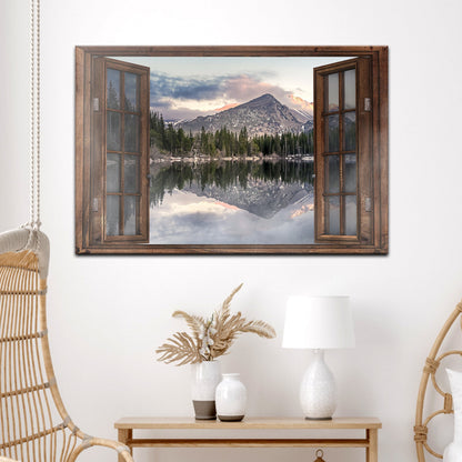 Calming Lake Scenery Canvas Wall Art in rustic wood frame with open doors to mountain lake scene on Tampa Home & Garden Store