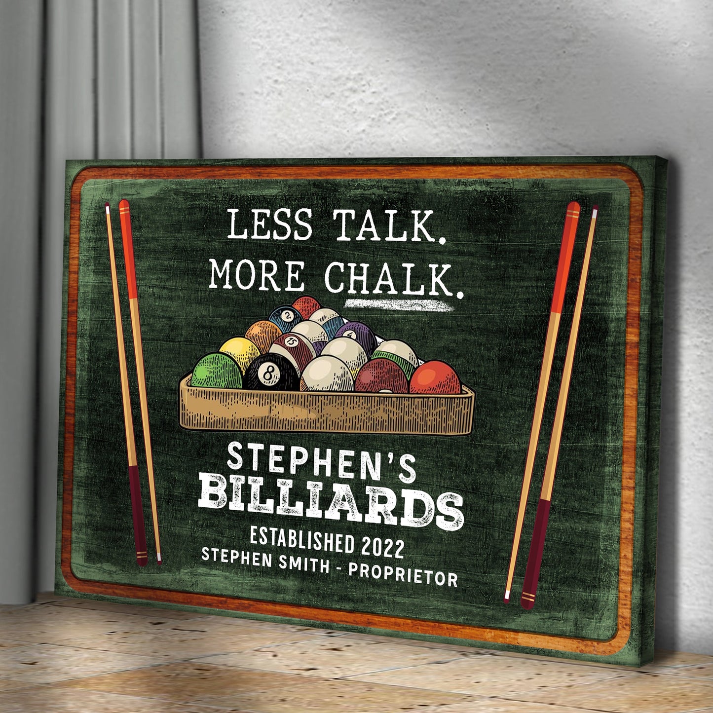 Less Talk More Chalk Billiards Sign II canvas with orange frame pool cues and balls on Tampa Home & Garden Store