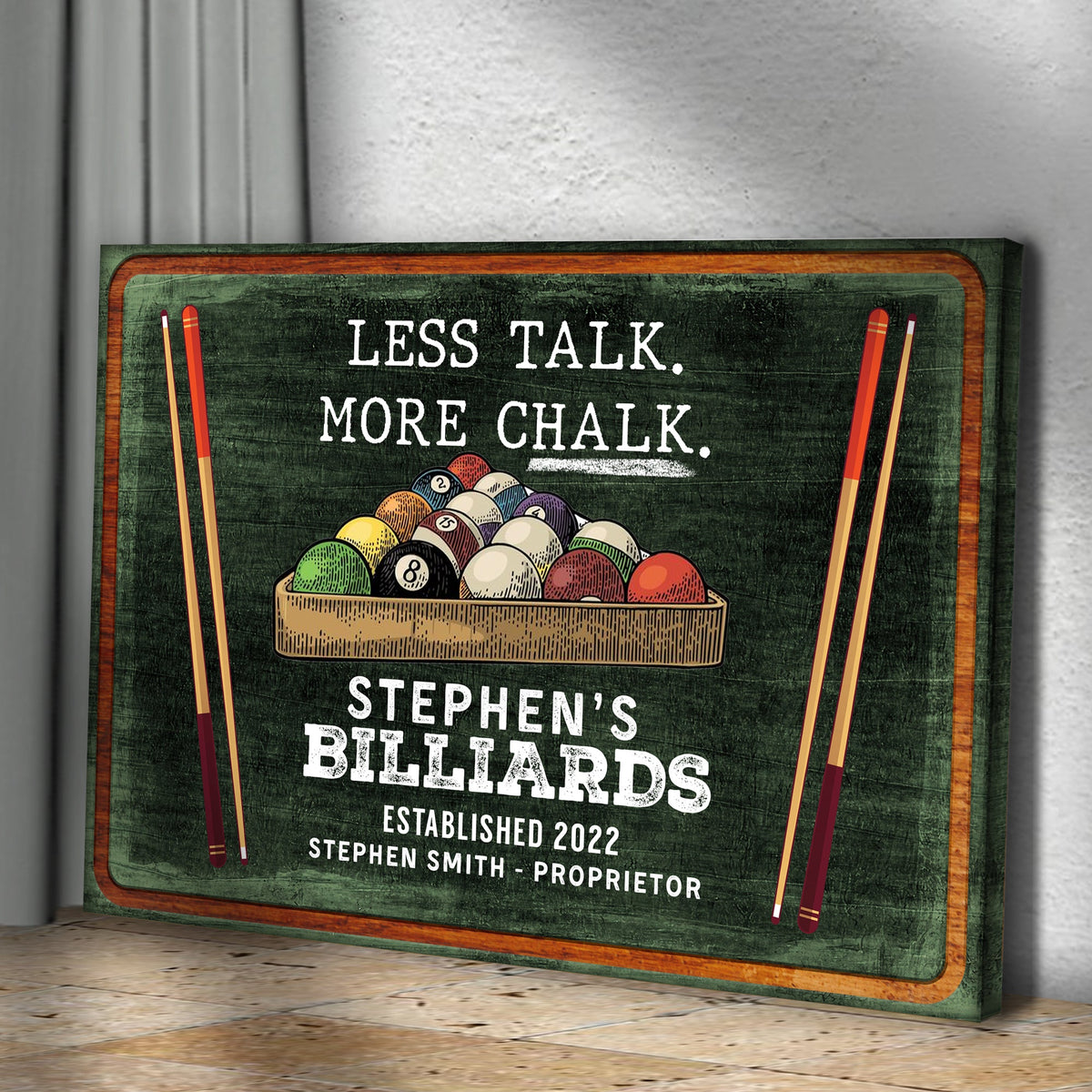 Less Talk More Chalk Billiards Sign II canvas with orange frame pool cues and balls on Tampa Home & Garden Store