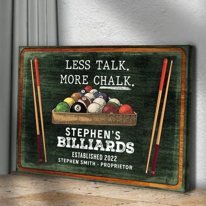 Less Talk More Chalk Billiards Sign II canvas with orange frame pool cues and balls on Tampa Home & Garden Store