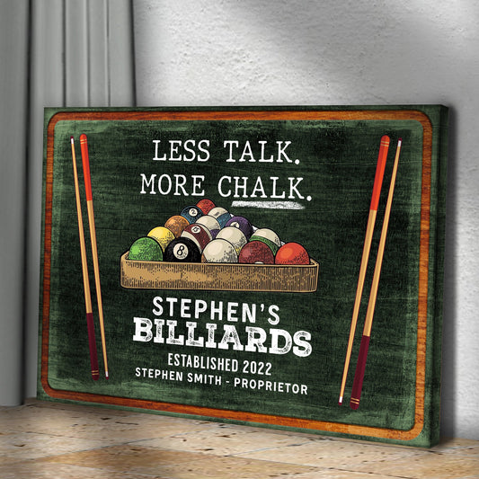 Less Talk More Chalk Billiards Sign II canvas with orange frame pool cues and balls on Tampa Home & Garden Store