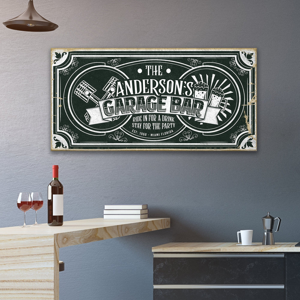 Garage Bar Victorian Vintage Sign canvas print by Tailored Canvases in chalkboard style borders on Tampa Home & Garden Store