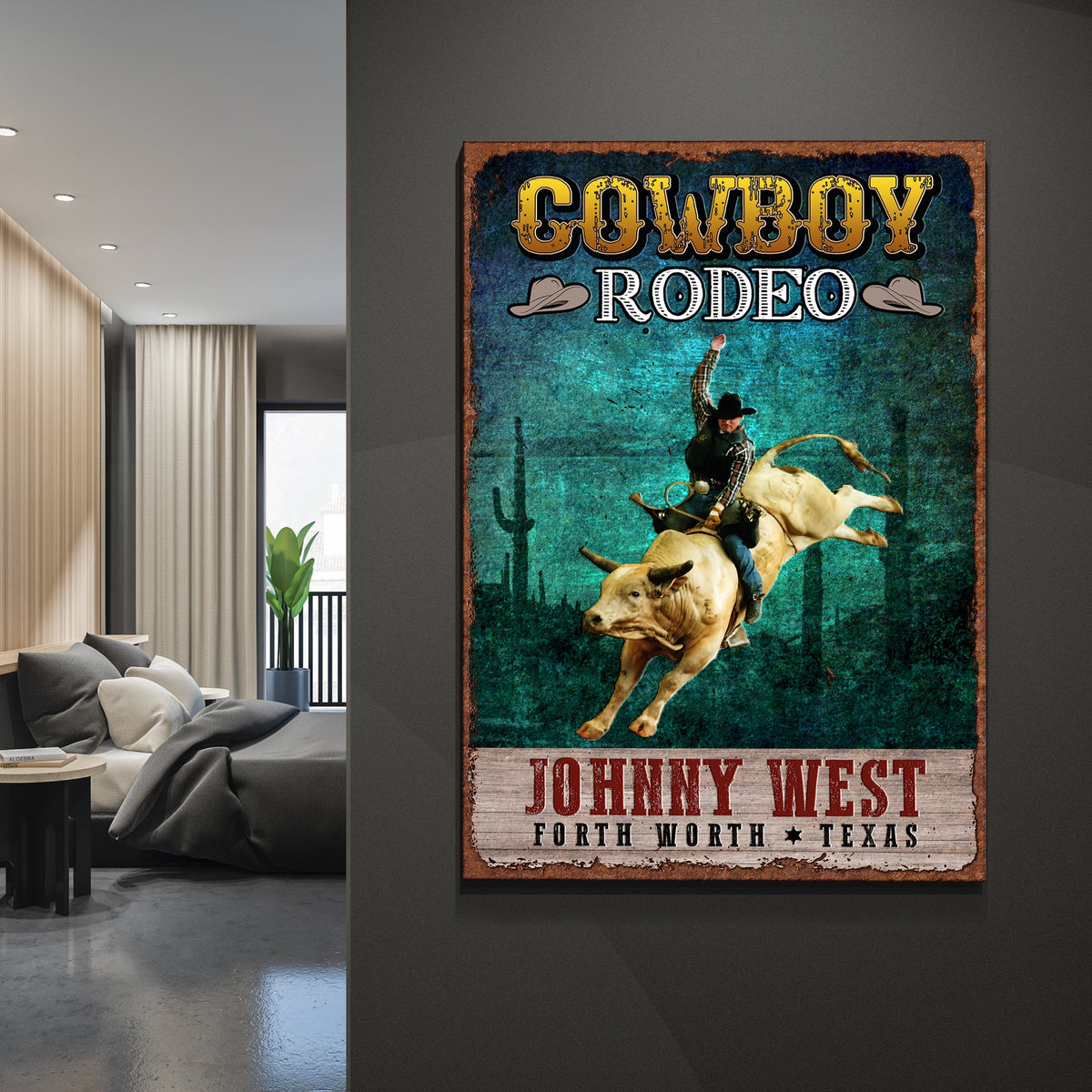 Cowboy Rodeo canvas sign with distressed blue artwork and rustic brown frame on Tampa Home & Garden Store