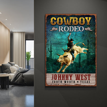 Cowboy Rodeo canvas sign with distressed blue artwork and rustic brown frame on Tampa Home & Garden Store