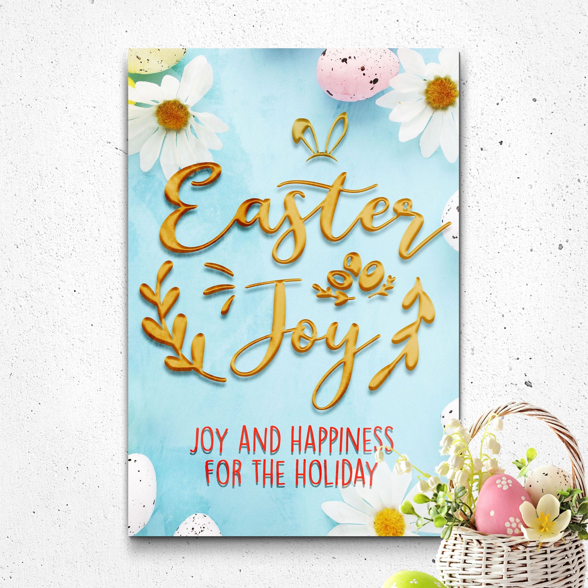 Easter Joy Sign canvas by Tailored Canvases, blue background with gold script and daisies on Tampa Home & Garden Store