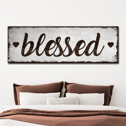 Blessed Sign canvas by Tailored Canvases, rustic white distressed background with brown script on Tampa Home & Garden Store