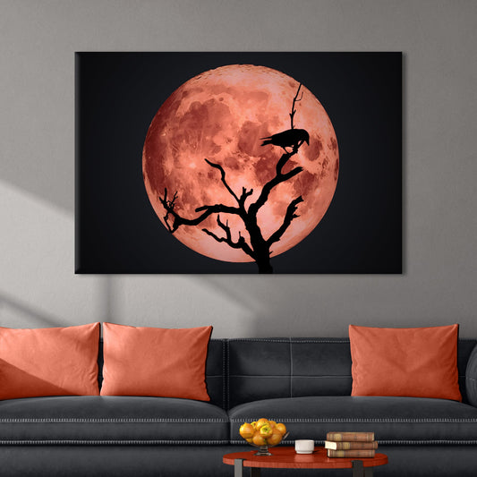 Crow And Blood Moon Canvas Wall Art featuring a black silhouette crow on a bare branch against a crimson orange moon on Tampa Home & Garden Store