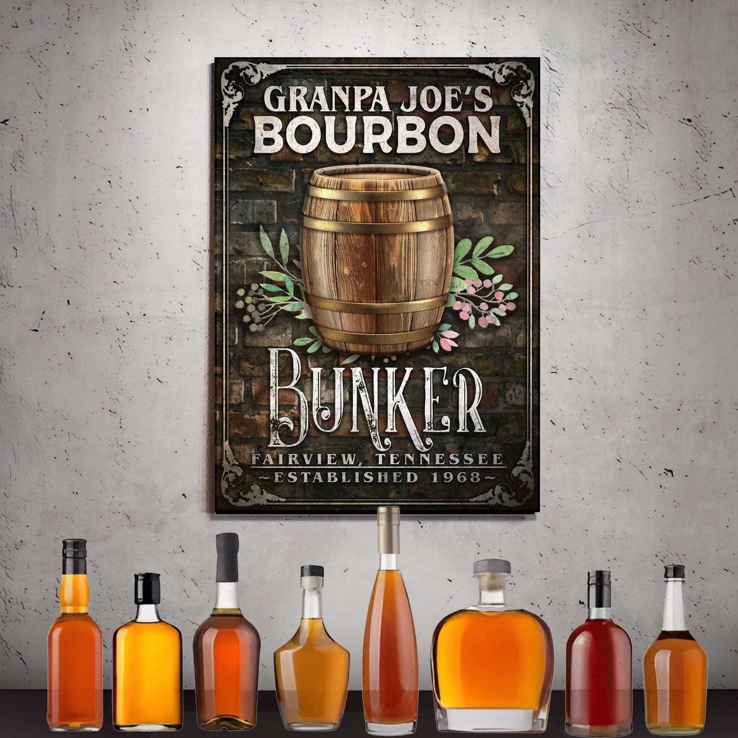 Bourbon Bunker Sign canvas by Tailored Canvases; rustic brick backdrop and bourbon barrel on Tampa Home & Garden Store