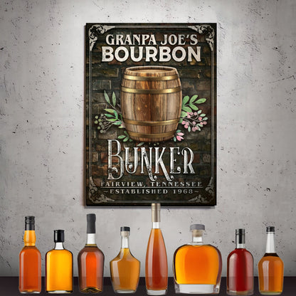 Bourbon Bunker Sign canvas by Tailored Canvases; rustic brick backdrop and bourbon barrel on Tampa Home & Garden Store