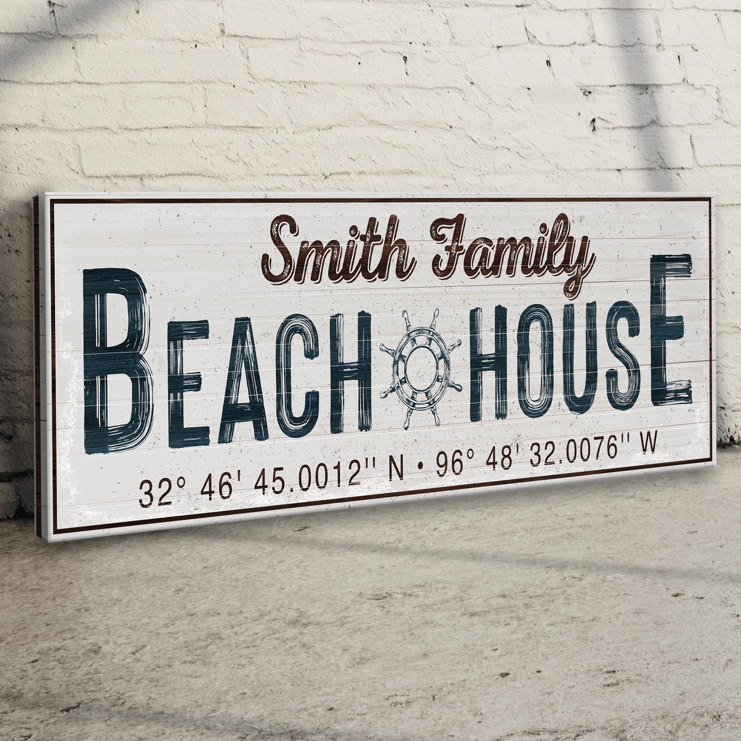 Family Beach House Sign Canvas with distressed white background and dark blue lettering on Tampa Home & Garden Store
