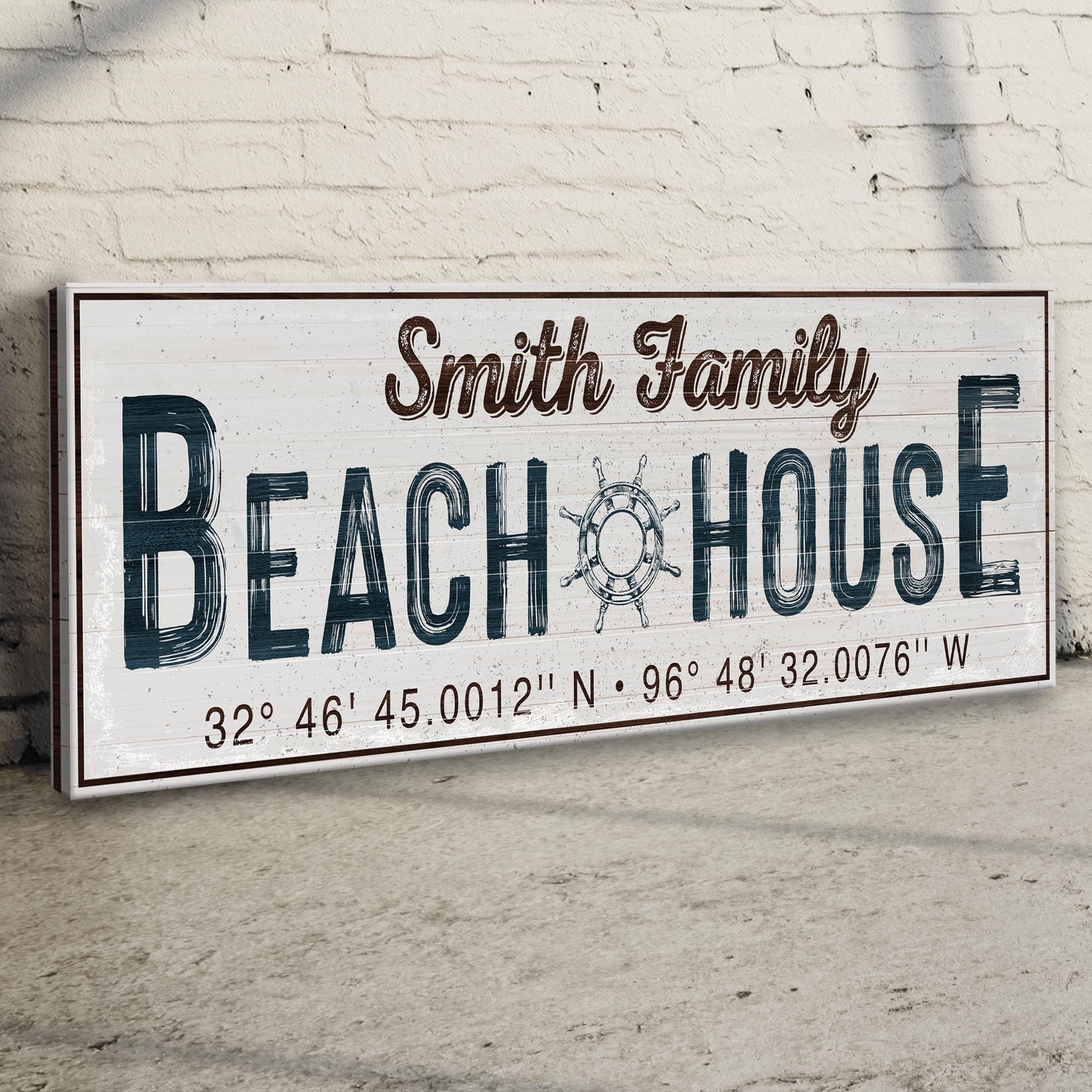 Family Beach House Sign Canvas with distressed white background and dark blue lettering on Tampa Home & Garden Store