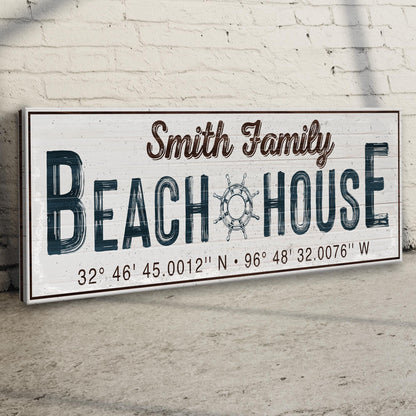Family Beach House Sign Canvas with distressed white background and dark blue lettering on Tampa Home & Garden Store