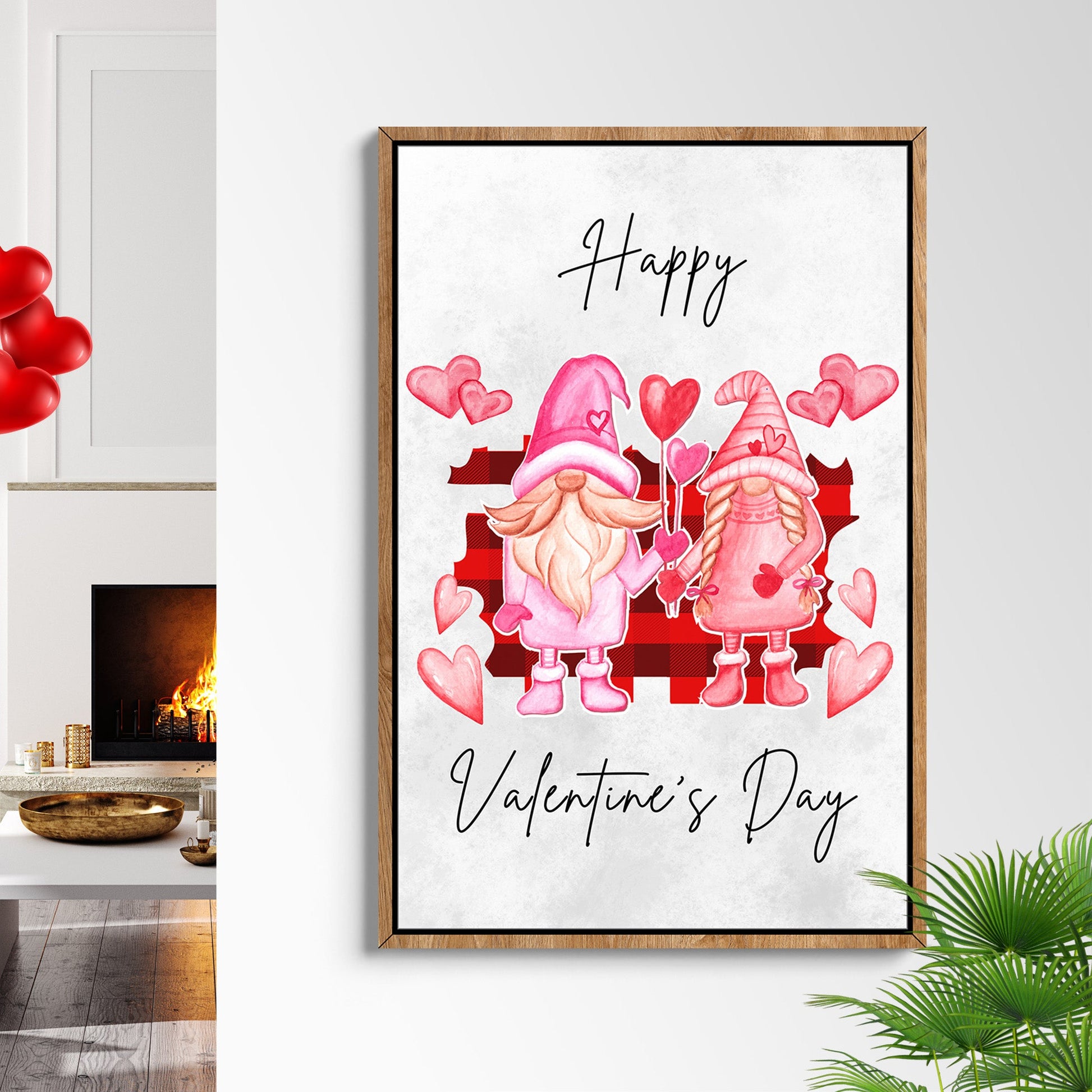 Valentine's Gnomes Sign canvas Tailored Canvases pink gnomes with hearts framed on plaid on Tampa Home & Garden Store