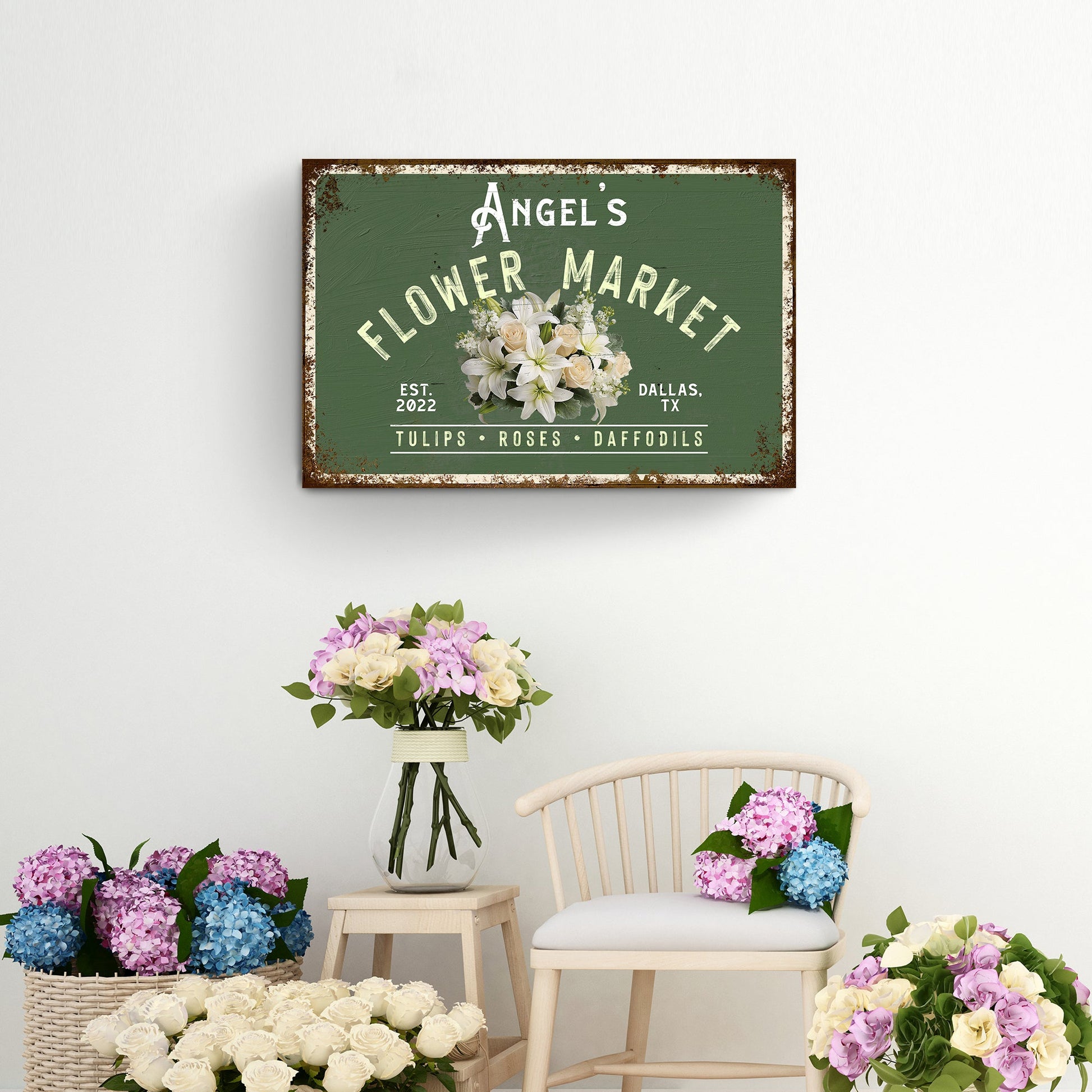 Flower Shop Sign II canvas by Tailored Canvases, green chalkboard with bouquet, rusted frame on Tampa Home & Garden Store