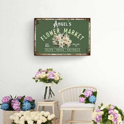 Flower Shop Sign II canvas by Tailored Canvases, green chalkboard with bouquet, rusted frame on Tampa Home & Garden Store